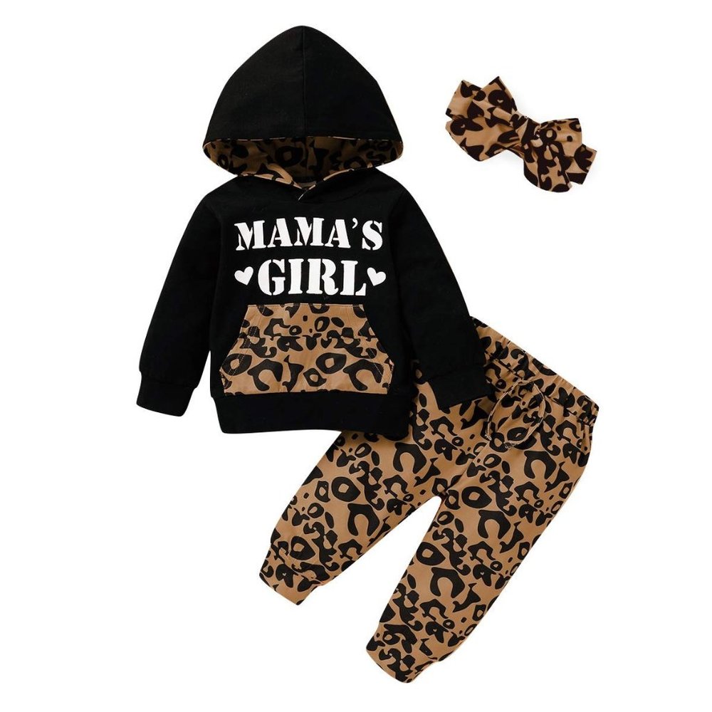 Baby Girl Hooded Long Sleeve Printed Leopard & Black set.